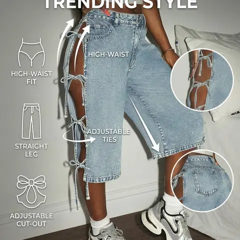 Women's Mid-Thigh Denim Fabric Casual Fashion Jeans, Breathable Button Design Elastic Fit Pants, Spring & Summer Women's Casual Streetwear Bottoms