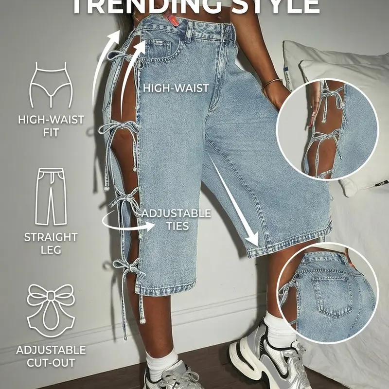 Women's Mid-Thigh Denim Fabric Casual Fashion Jeans, Breathable Button Design Elastic Fit Pants, Spring & Summer Women's Casual Streetwear Bottoms
