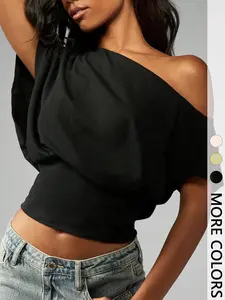 Women's Off-Shoulder Batwing Sleeve Fitted Knit Top, Womenswear Fit Short Summer Beach Party Casual Home Wear, Simple Style for Daily Use