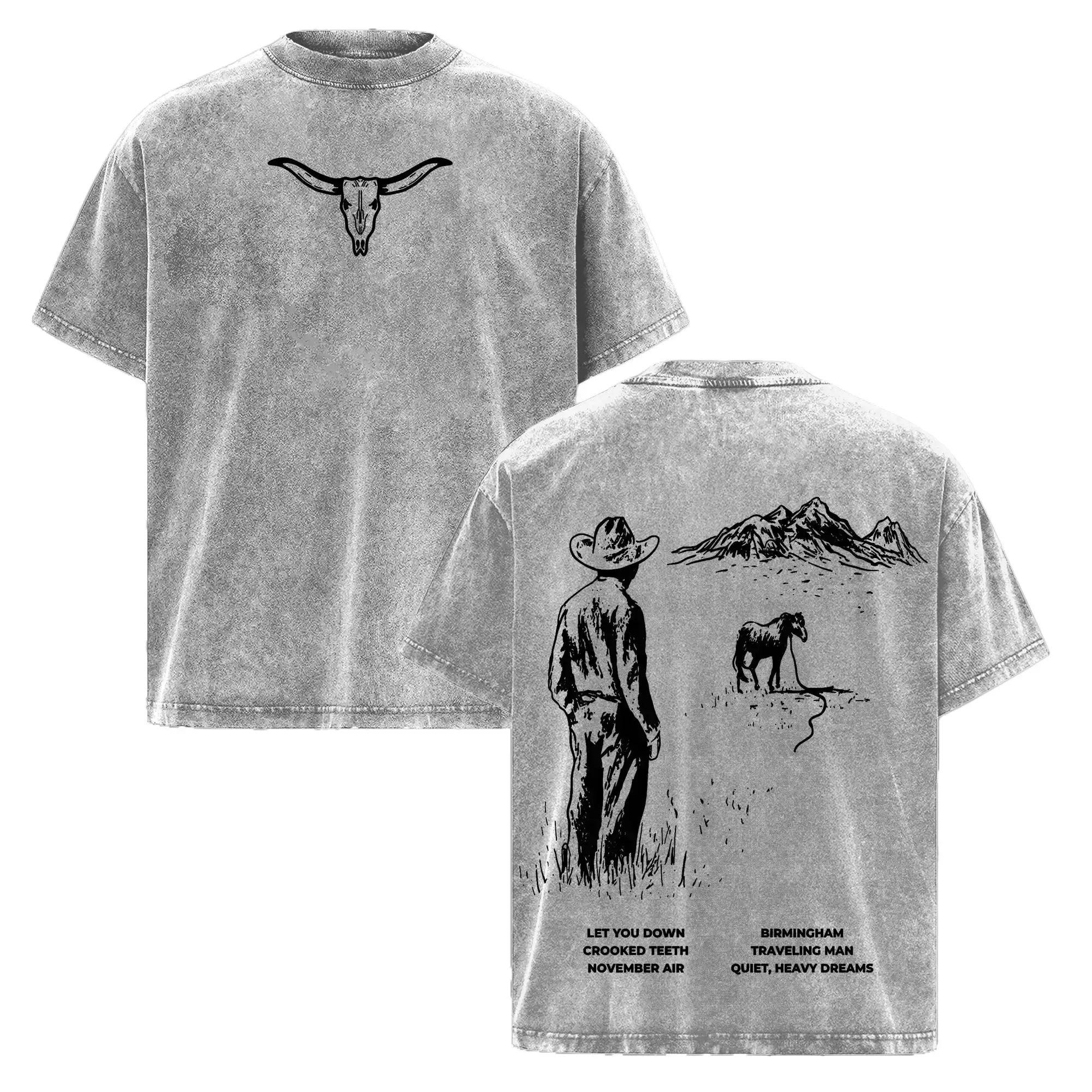 Men's Oversized T-Shirt, Western Retro Highway Boys Graphic, Vintage Washed Shortsleeve Heavy Cotton Streetwear Top