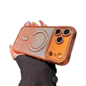 iPhone17Promax Glitter Rhinestone Magnetic Phone Case with Electroplated Lens Film IP16Pro Full-Coverage Soft Case IP15 Anti-Drop Protective Case
