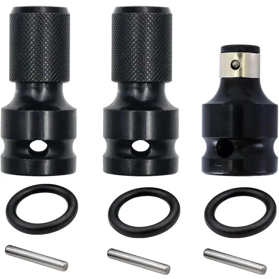 3 Pack Impact Wrench Adapter 1/2 inch Square Drive to 1/4 inch Hex Socket Converter Attachment Quick Release Drill Bit Holders Chunk Adaptor for Air and Electric Wrenches Ratchet Driver, 1 Hex Shank Adapter(S), 22*37*12Mm, 3 Rubber Ring