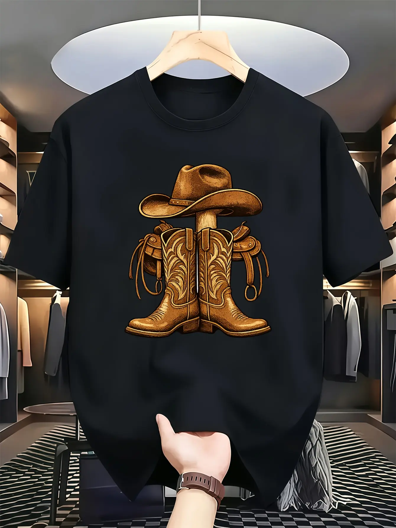 Women's Unisex Oversized Western Cowboy Boot Print Tshirt - Short Sleeve Crew Neck Casual Tee, Western-Themed Fabric Apparel, Machine Washable, Suitable for Casual Attire & Ranch Outfits, Year-Round Comfort