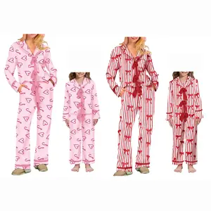 Mom and I paired loose sleepwear with bow/heart-shaped printed tie, front placket, long sleeved top and pants set, holiday family matching, home clothes, pajamasRAIMENTRY