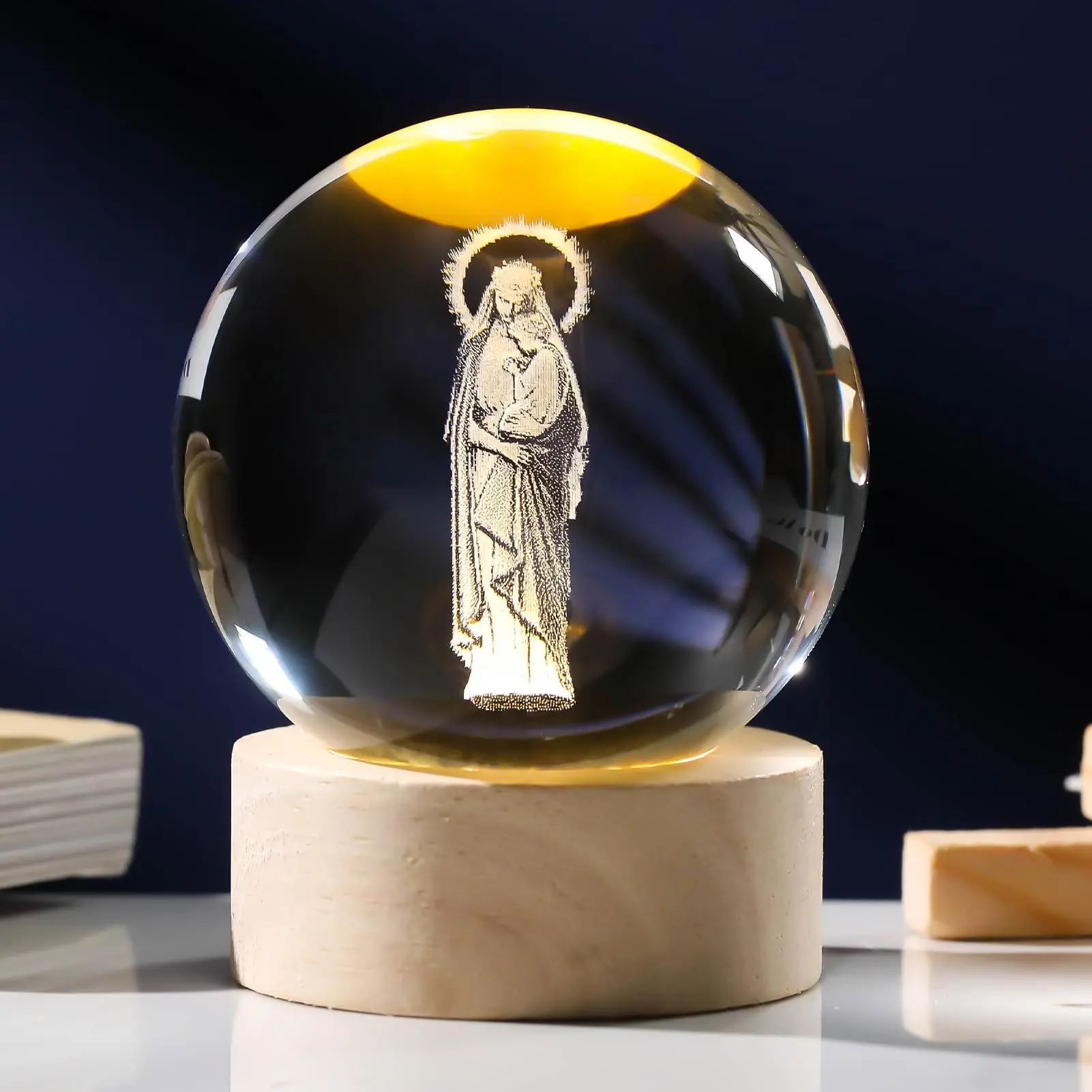3D Crystal Virgin Mary and Jesus Statue Figurine, Laser Engraved Blessed Mother and Child Jesus Glass Sphere, Religious Gifts for Women Men, Religious Home Decor