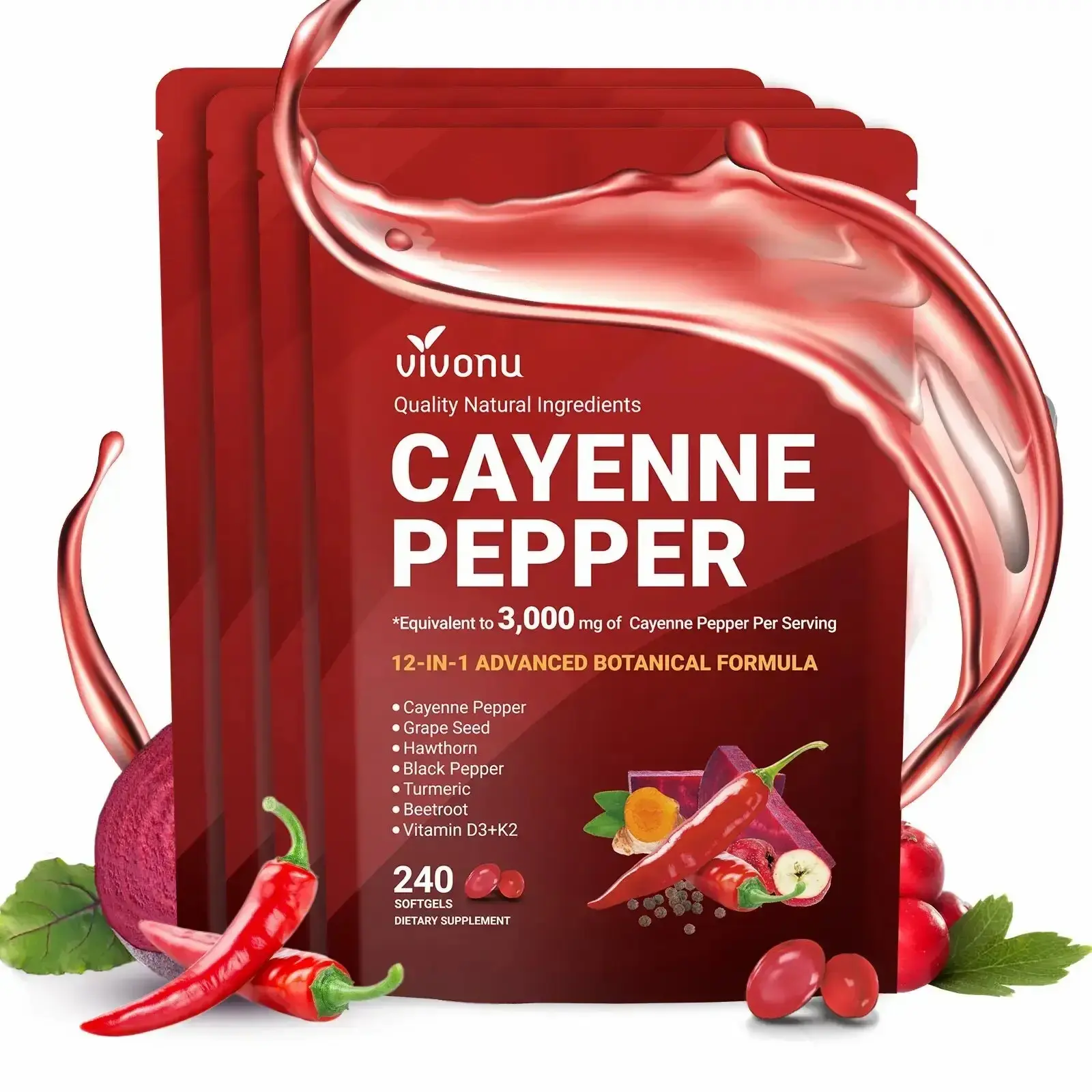 Cayenne Pepper Softgels | with Vitamin E, D3, K2, Grape Seed, Hawthorn & Beetroot Extract | 240 Softgels Per Bag