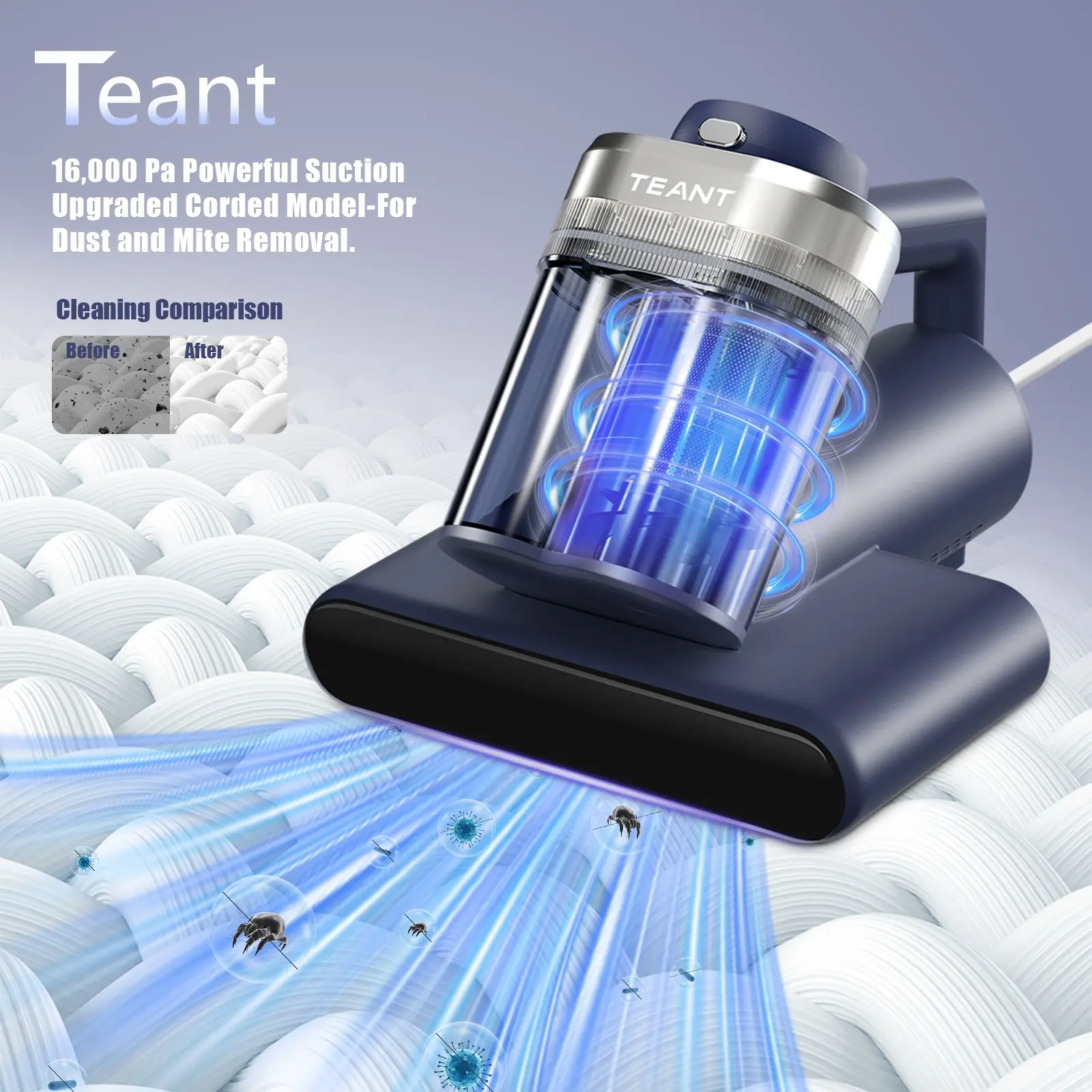 Teant 16kPa Powerful Suction UV-C Mattress Vacuum Cleaner for Dust Mite Removal – Equipped with LED Display, 149°F Hot Air, Aroma & Anion, Double-Cup Handheld Vacuum with HEPA Filter, Ideal for Bed, Couch, Sofa, and Carpet Deep Cleaning