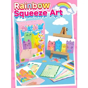 Rainbow Squeeze Art Kit - Creative Scratch & Color Art Set for Kids with 20 Drawing Papers 7 Acrylic Paints 6 Watercolor Pens 1 Sticker Sheet & Squeegee Board Perfect for DIY Art & Gifts