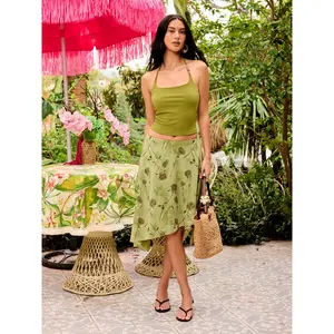 Cider Halter Neckline Top & Floral Flared Midi Skirt Set