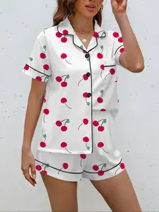 Women's Fruit Cherry Print Knit Pajama Set, Casual Fitted Shirt Collar Top with Pockets & Elastic Shorts, All Season Comfortable Sleepwear Loungewear