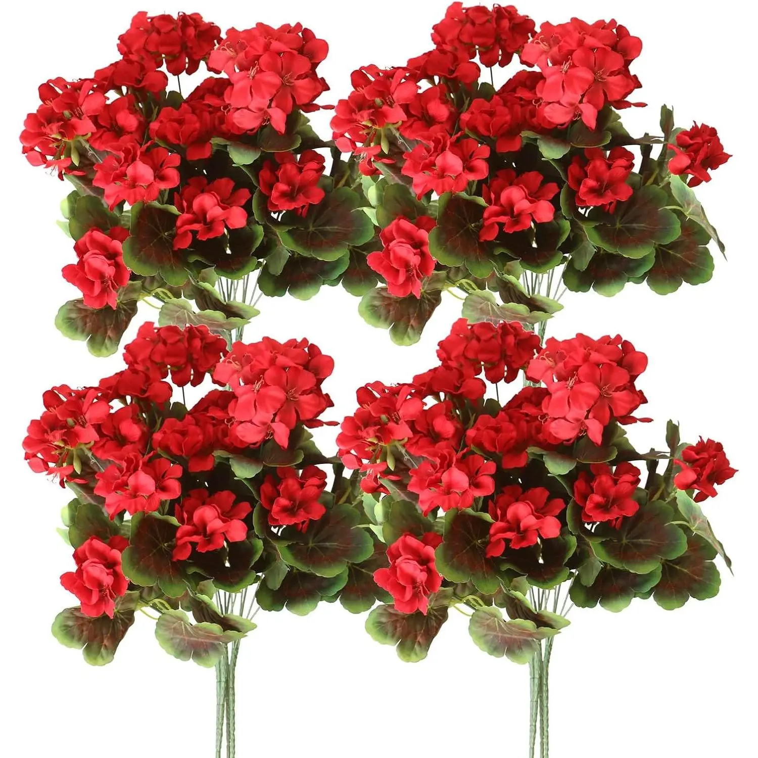 4PCS Outdoor Artificial Geraniums Silk Flowers Plants UV Resistant No Fade Realistic Fake Red Flowers for Garden Porch Patio Window Box Hanging Planter