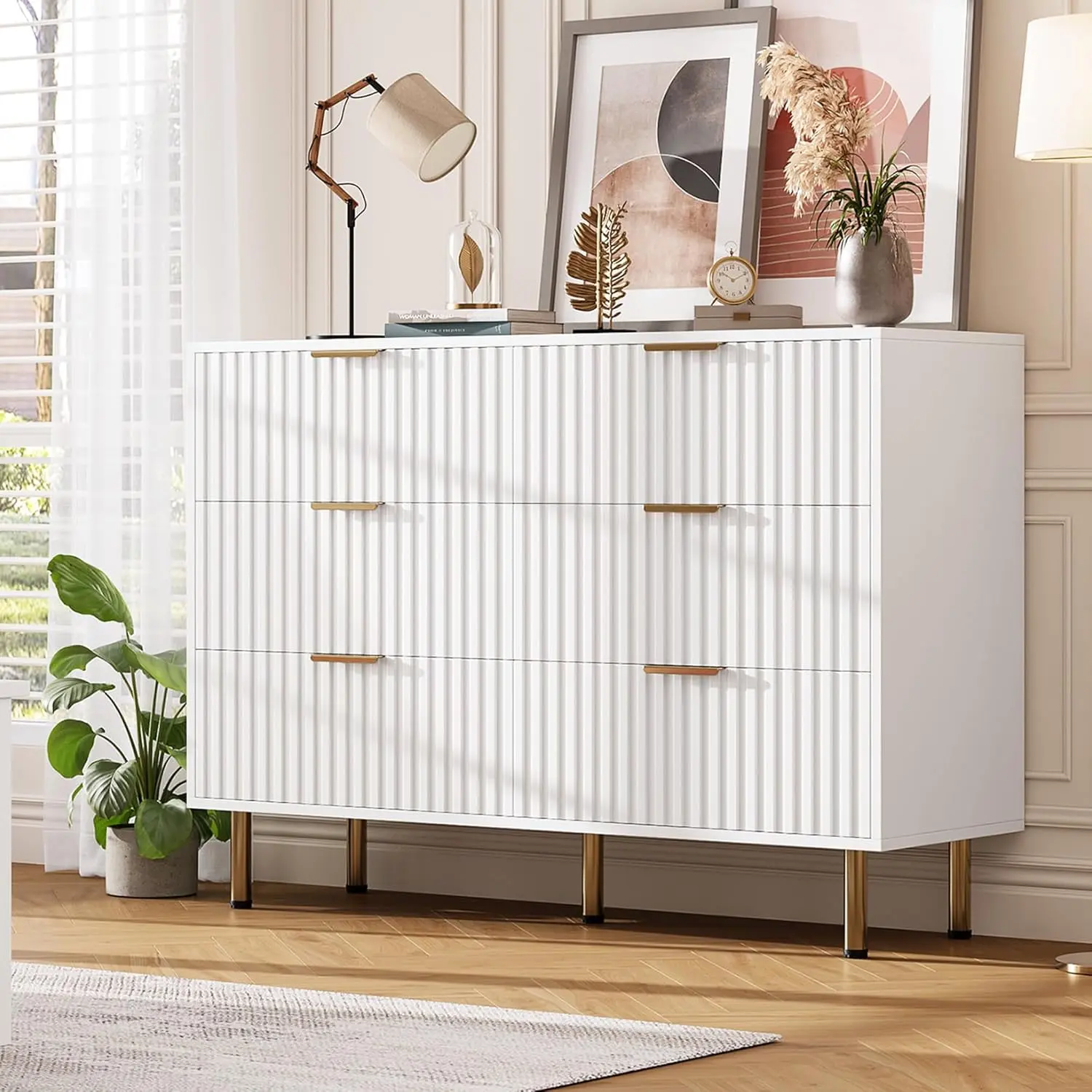 Gaomon White 6-Drawer Dresser - Modern Minimalist Indoor Storage Cabinet, Quick Setup, Smooth Finish, Durable Sideboard Storage Cabinet, Assembly Required for Bedroom, Living Room Organization