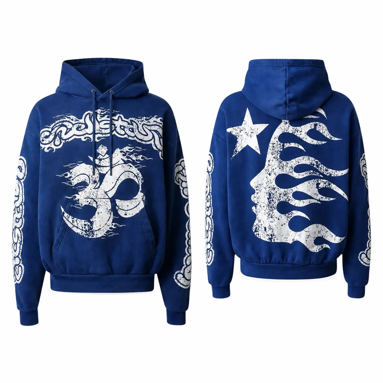 Vintage Flame Hell SStar Graphic Hoodie Oversized Streetwear Pullover Hooded Sweatshirt Gothic Y2K Unisex Casual Fashion