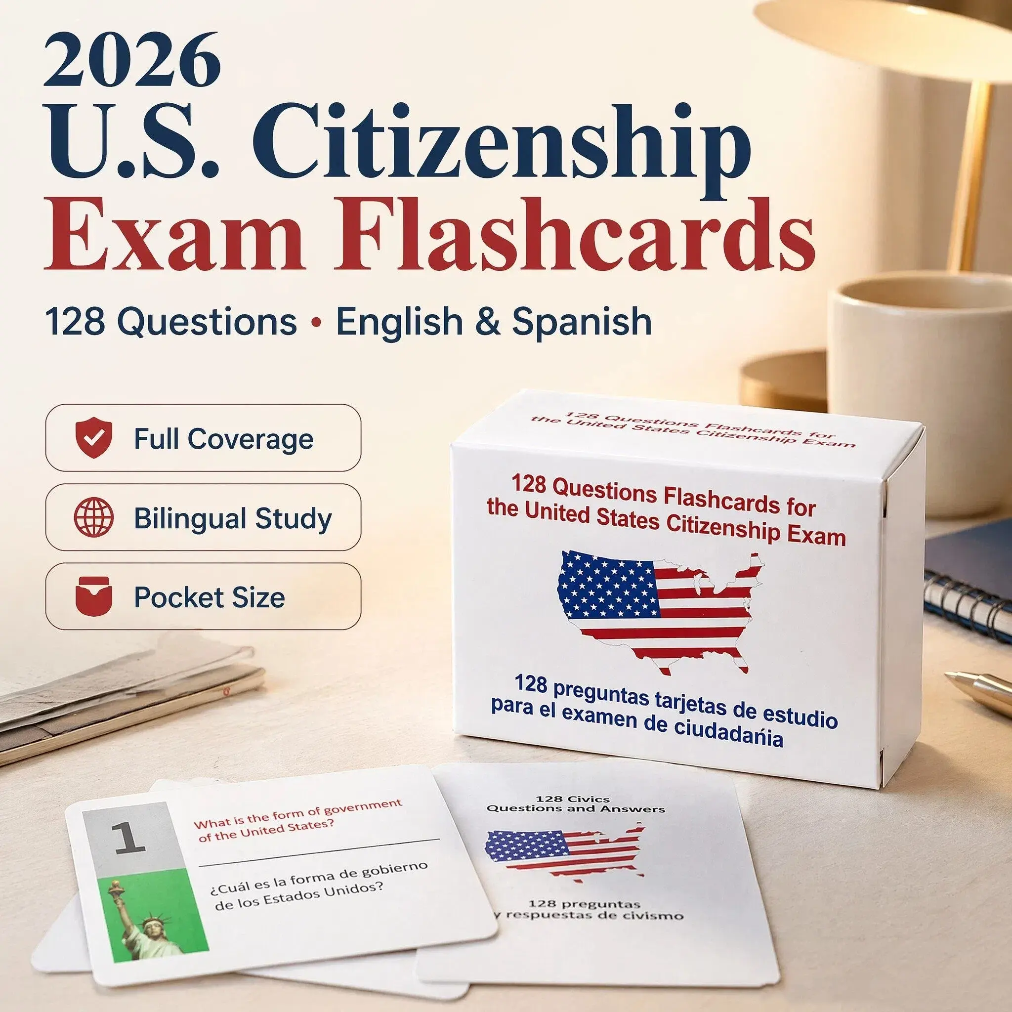 US Citizenship Naturalization Civics Flashcards 2026 - Portable Durable Office Stationery, 128 Official USCIS Questions & Answers, Bilingual Study Guide Booklet with Concept Support for Exam Prep
