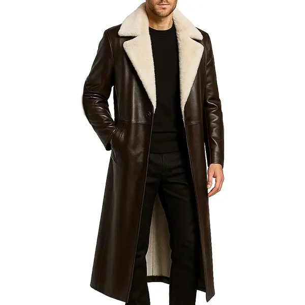 Men’s Long Dark Brown Leather Trench Coat with White Shearling Collar