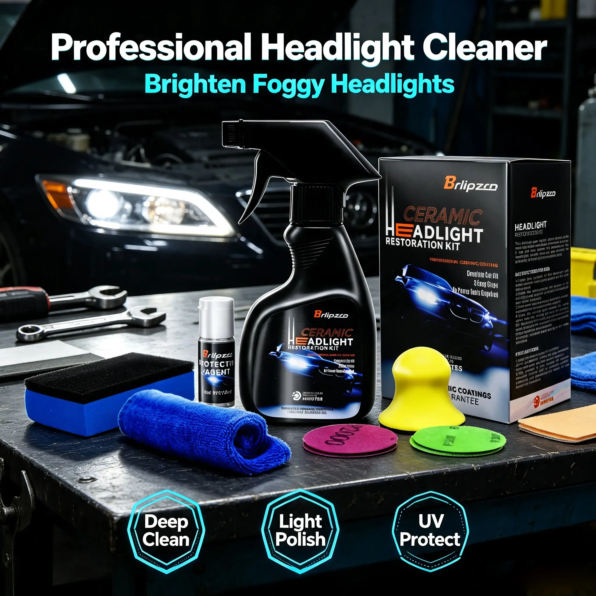 Auto Headlight Restoration & Cleaning Kit - 2-Piece Lamp Crystal Coating for Yellowing, Fogging Fixes & Polishing