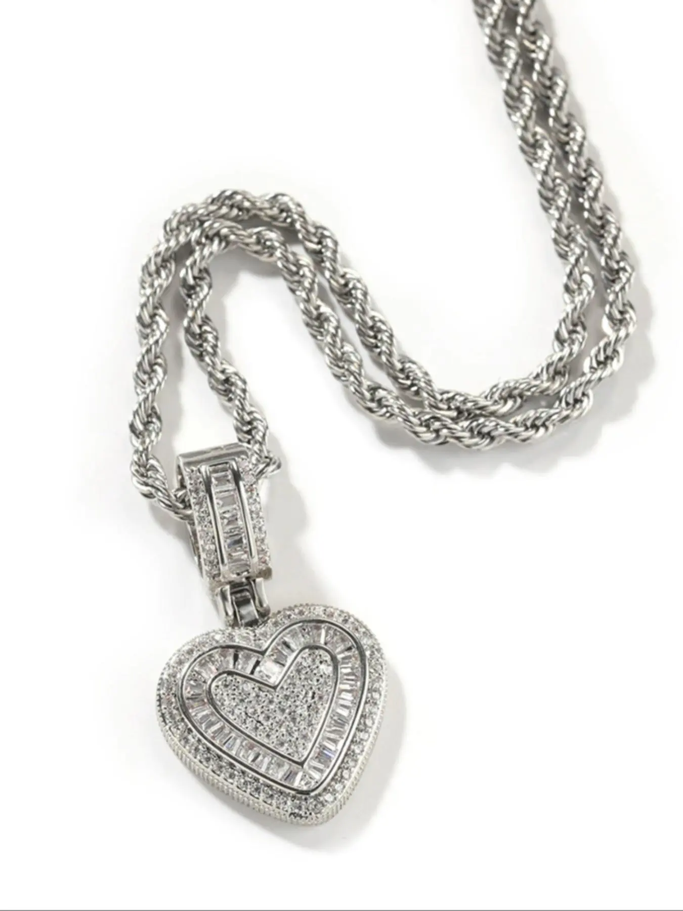 Unisex Hip Hop Heart Pendant Necklace, Men's Cubic Zirconia Heart Charm Jewelry, Women's Gift, Fashion Accessories, Cuban Rope Chain, Sparkling CZ Necklace, Love Heart Necklace