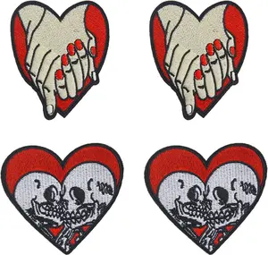 4 PCS Iron on Patches for Couples, Skull Heart Decorative Applique Embroidered with Extra Sewing Kit for Clothes Backpack Jacket Hat