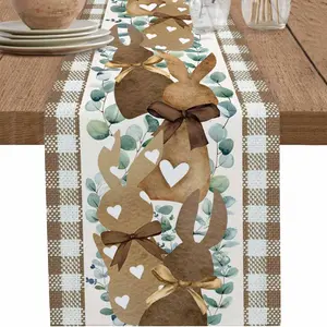 1pc,Easter Table Runner Set, Linen Bunny & Eucalyptus Leaf Design, Rustic Decorative Runners for Dining Room, Living Room, Party Settings