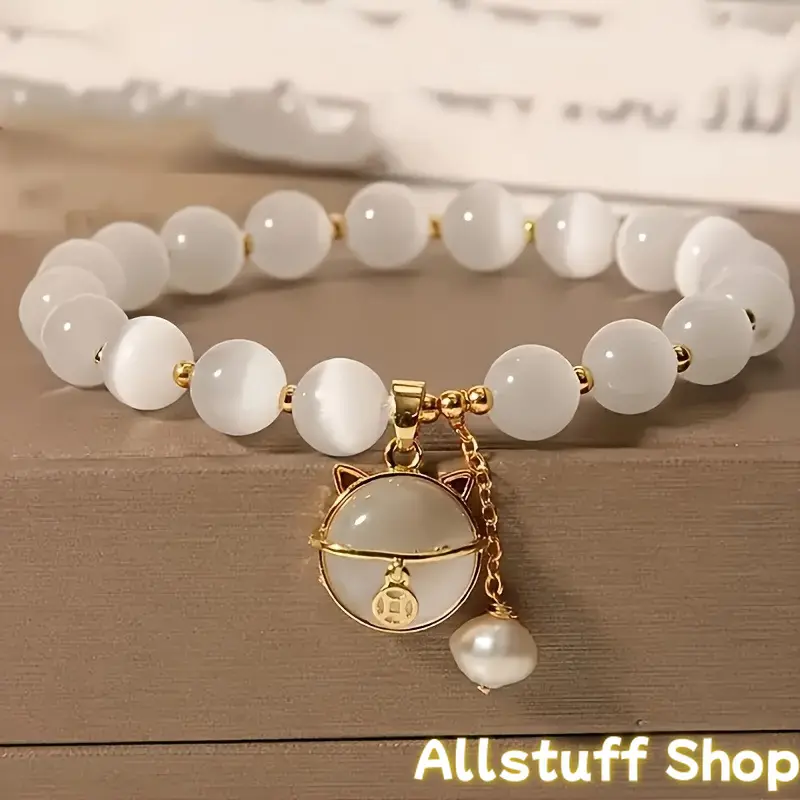 Natural Stone Bangle Bracelet with White Cat's Eye - 16cm Unisex Everyday Elegant Jewelry, Birthday Gift-Ready Gift for Girlfriend, Sports & Outdoor Accessory