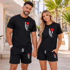 Couples’ Matching Love Heart T-Shirt and Shorts Set, His and Hers Summer Outfit, Casual Short Sleeve Tee and Drawstring Shorts Set for Vacation and Daily Wear