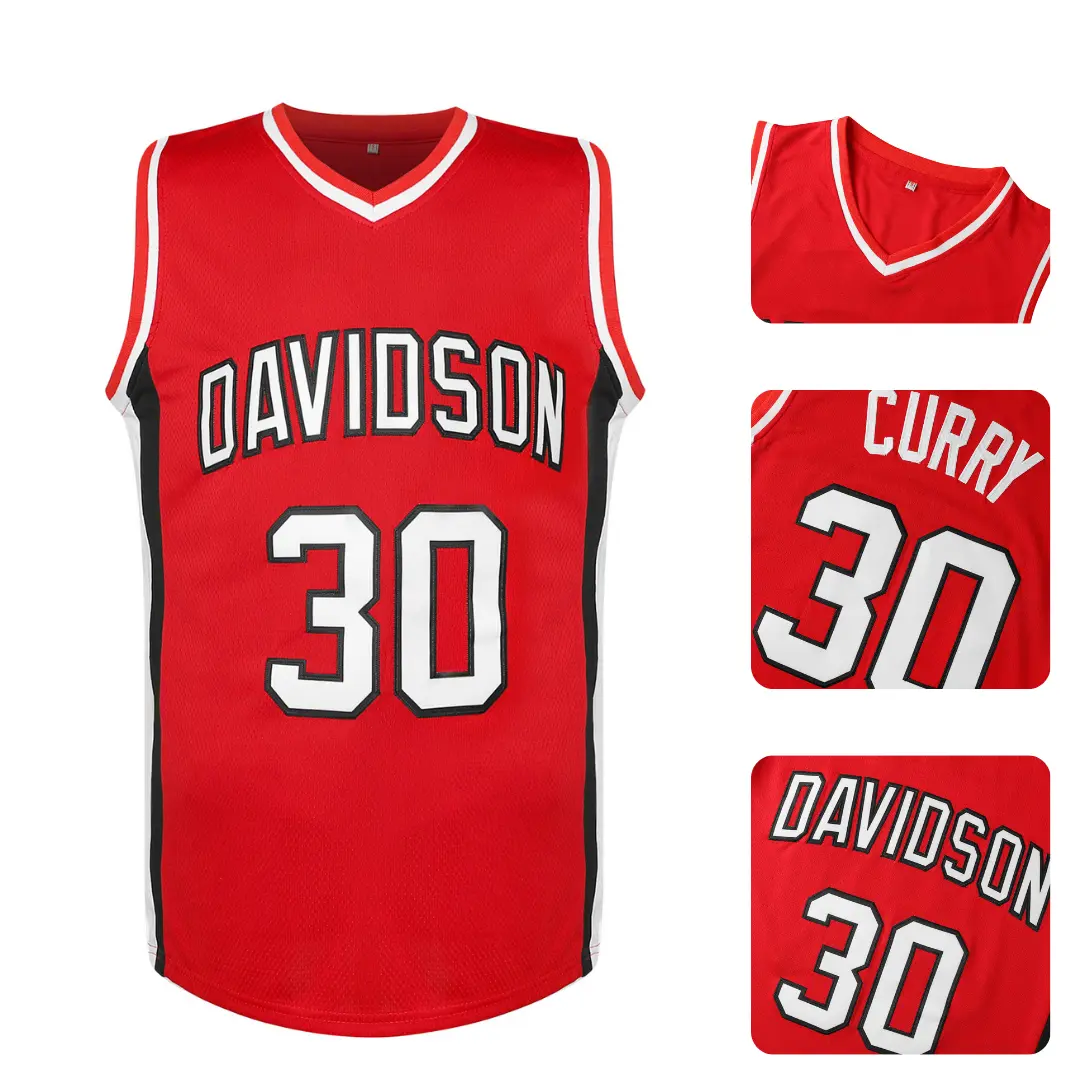 Men's Retro #30 Curry V-Neck Mesh Basketball Jersey Red&Black Trim Embroidered Design Breathable Sleeveless Sports uniforms for Fans & Streetwear summervibes gym clothing