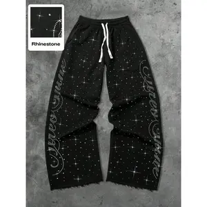 Men's Street Style Rhinestone Straight Leg Sweatpants, Loose Fit Long Pants Design, Comfortable Fashion Joggers for All Seasons