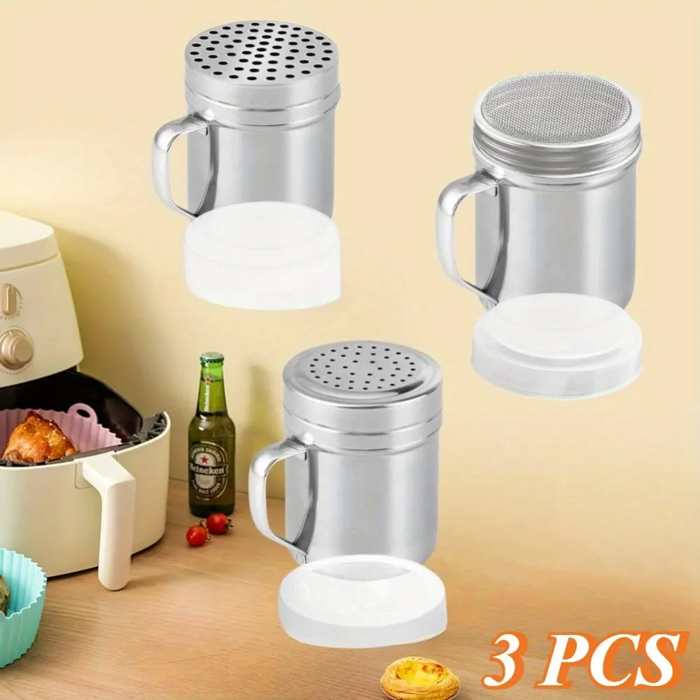 3Pcs/Set 10 oz Stainless Steel Spice Dredges Hand Tool Kit - Kitchen Accessories with Handle, Plastic Lid, Mesh Tops, Holes, Multi-Hole Set (Fine, Medium, Large for All Kinds of Spices)