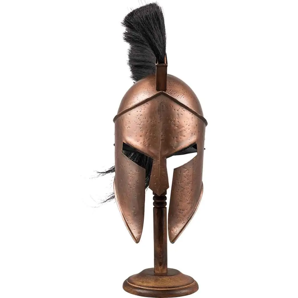 Medieval Warrior Men's Spartan Armour, 18 Gauge Steel Helmet with Black Plume and Rustic Finish for Cosplay Costumes & Collectibles, Includes Wooden Display Stand, Menswear, Fantasy Costume, Cosplay Gear, Medieval Western Fantasy Costume Accessories