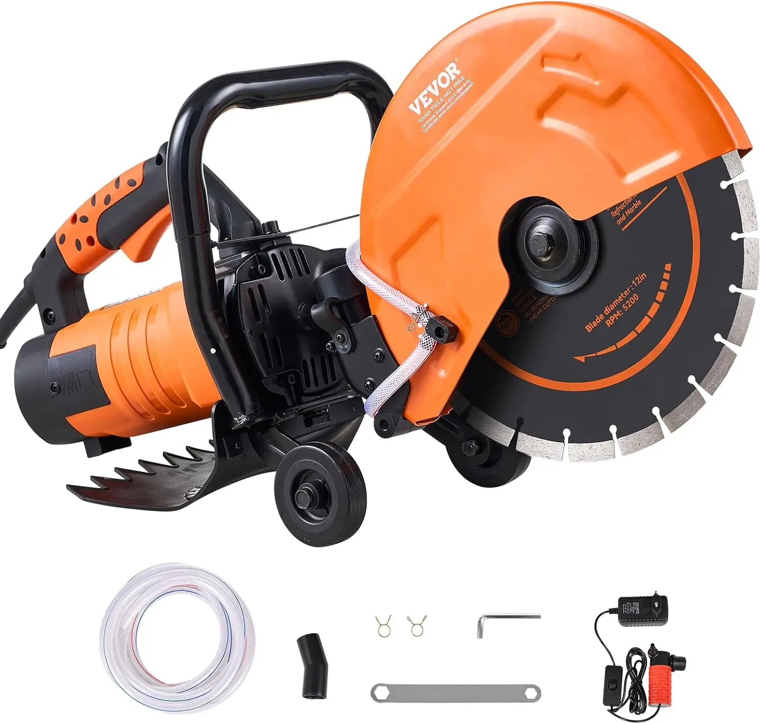 VEVOR 1800W Electric Concrete Saw, 12 in Pure Copper Circular Cutter, D-Shaped Grip, Double Switch, 4.5 in Max Adjustable Cutting Depth, Wet Saw with Water Line, Water Pump & Blade for Concrete, Stone/Brick