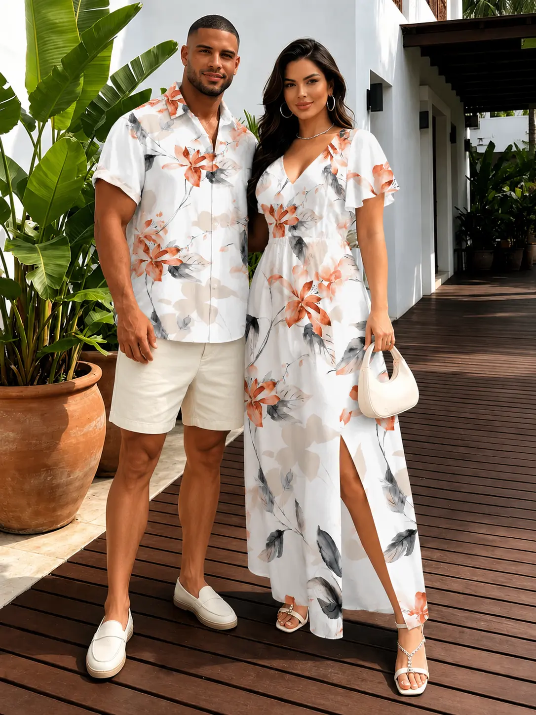 Bohemian Couples Matching 2-Pieces Polyester Clothes Set (Dress+Shirt) - Women's V Neck High Waist Slit Midi Dress, Men's Short Sleeve Watercolor Floral Leaf Print Top, Comfortable Fabric, Casual Outfit, Couple Outfits