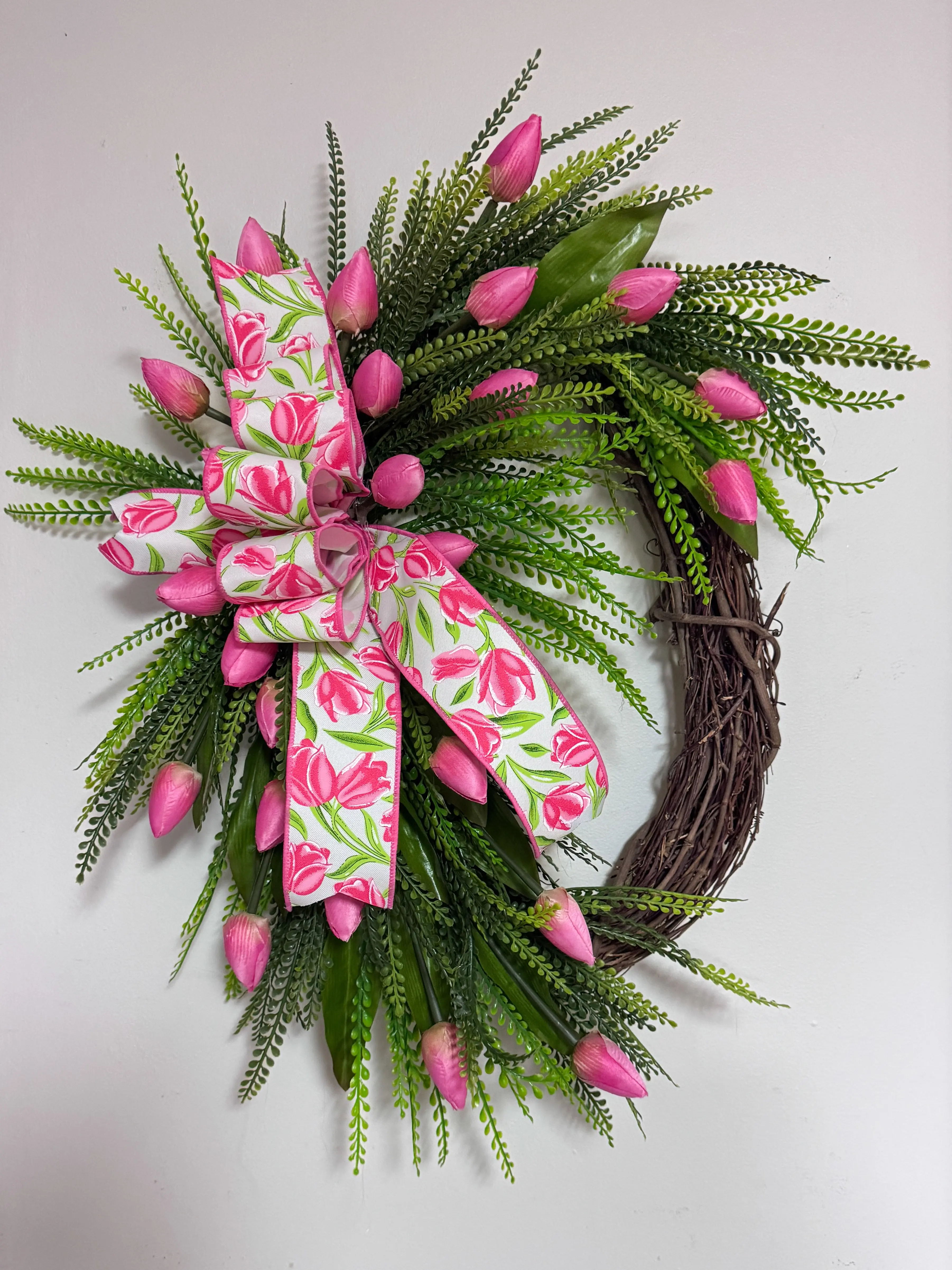 Pink Tulip Spring Grapevine Wreath with Designer Floral Bow | Elegant Front Door Decor