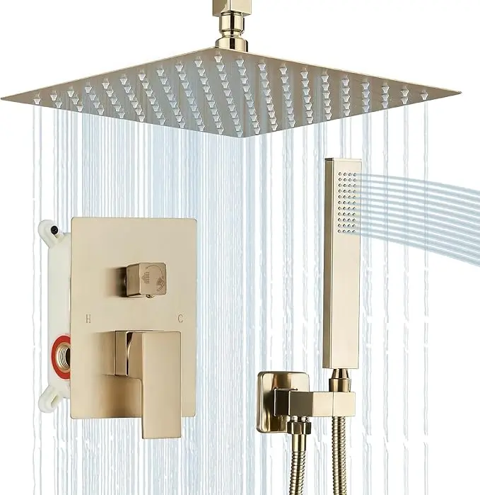 1set Shower System, 12 Inch Square High Pressure Rain Shower Head, Bathroom Luxury Rainfall Shower System Combo Set With Handheld Sprayer, Ceiling Mounted Shower Faucet Set, Rough-in Valve Body And Trim, Bathroom Accessories, Brushed Gold