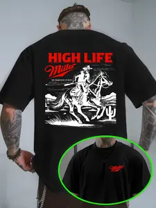 Men's Short Sleeve T-Shirt Summer Vintage Western Beer Graphic Tee, Miller High Life Denim Riding Print, Casual Loose Fit Top