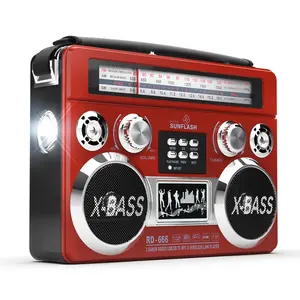 DIGITAL SUNFLASH Retrobox  AM/FM/SW 3-Band Portable Audio Radio Speaker Player Receiver  with Wireless Bluetooth Boombox Built-in Flash Light, SD, MicroSD, AUX Input,  Rechargeable Battery