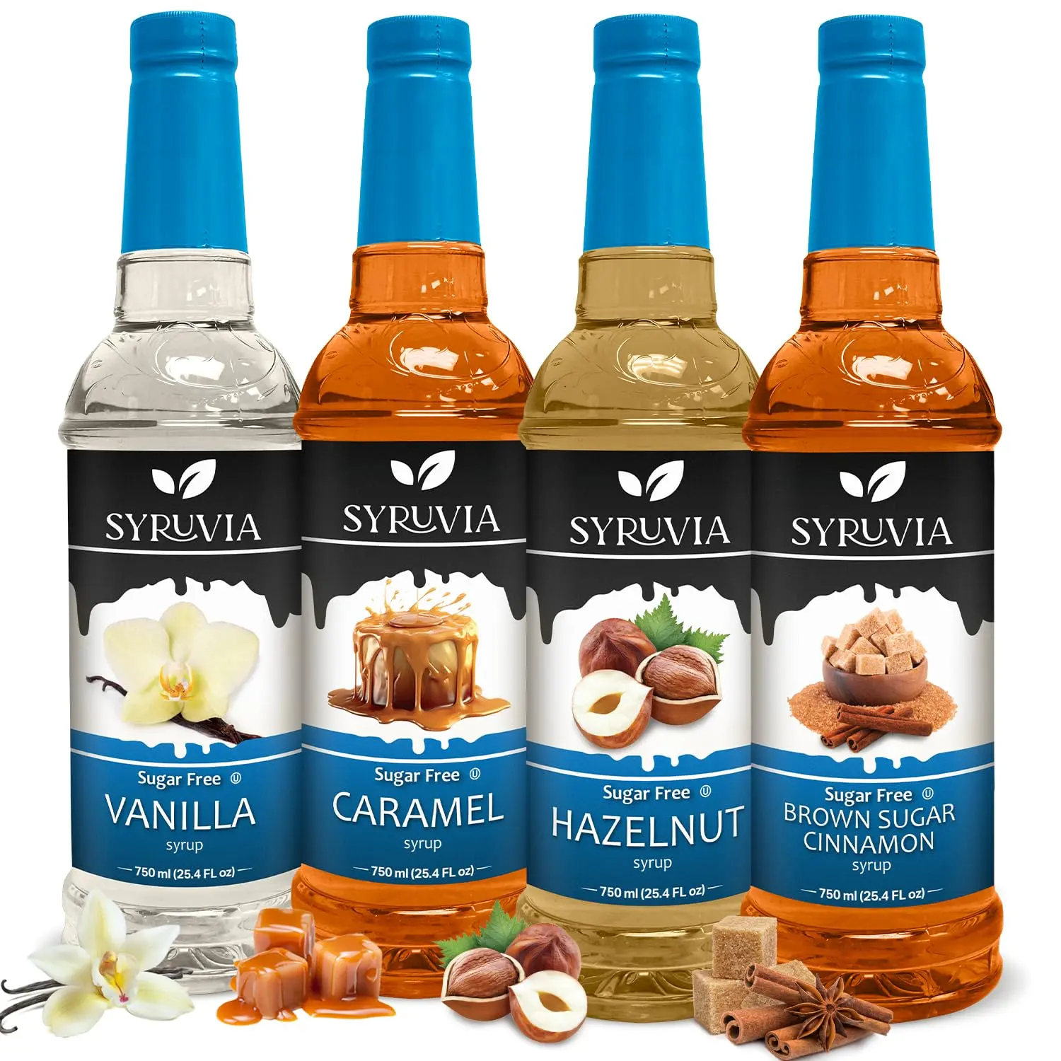 Syruvia Sugar Free Coffee Syrup Variety Pack - Vanilla, Caramel, Hazelnut & Brown Sugar Cinnamon - 25.4 fl oz - for Lattes, Desserts & More (4-Pack)
