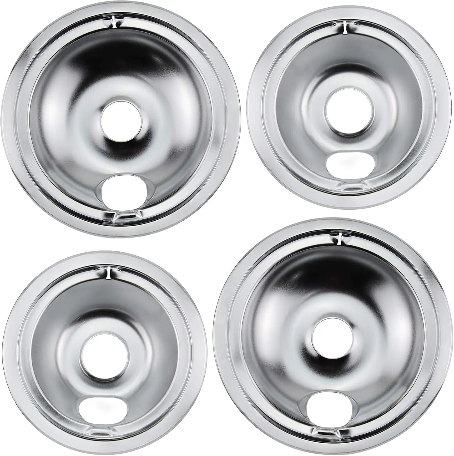 Blutoget Chrome Range Drip Pans Replacement Parts (WB31T10010, WB31T10011) - 4-Pack Chrome Plated Steel Electric Stove Pans for GE, Hotpoint, Kenmore Ranges with Locking Slot, 2x6-in & 2x8-in, Resists Curling, Stickfree Clean, Durable