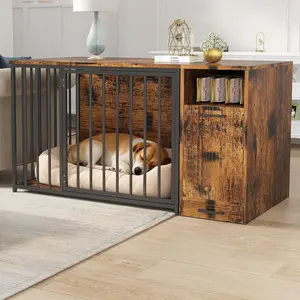 Aecojoy Dog Crate Furniture with Storage Cabinet, Wooden & Steel Decorative Indoor Kennel, Pet Cage End Table for Large and Medium Dogs, Escape-Proof & Chew-Proof, Rustic Brown