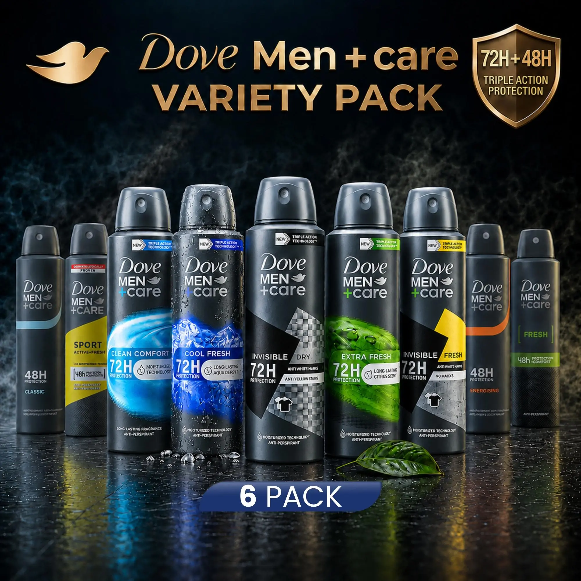 Dove Men+Care Deodorant Spray Variety Bundle 6 Pack (150ml / 5oz) 72H Triple Action Protection Antiperspirant - Long Lasting Sweat Defense Clean Comfort, Extra / Cool Fresh & more Scents Men's Body Spray Mixed Flavors
