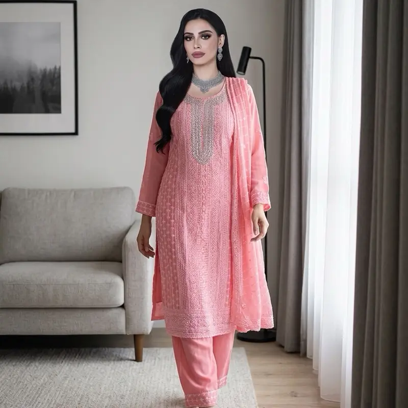 Chikankari Georgette 3-Piece Kurta Pant Set with Daraj Work, Lady's Casual Clothes for Women's Wear (Sizes 38-44, Includes Top, Dupatta, Bottom)