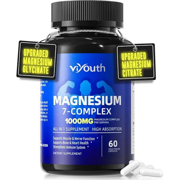 Magnesium 7 Complex Supplement, 7 of Forms Magnesium for Sleep & Muscle | 1000mg Magnesium Complex featuring Glycinate, Malate, Chelate, Aspartate, Orotate, Taurine, Citrate Forms plus Zinc, D3 & B6
