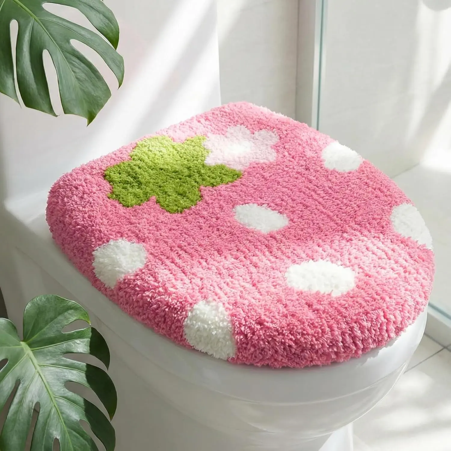 Pink Strawberry Shape Decorative Toilet Seat Cover, 17.5x15 in 1-piece Soft Microfiber Washable Bathroom Accessory with Non-Slip Rubber Backing, Easy Installation, Fits Most Round & Elongated Toilets