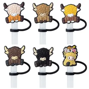 Cute Highland Cow Design Straw Cap, 6pcs Cartoon Straw Cover, Dustproof Straw Topper, Straw Toppers For Tumblers, Straw Protector, Tumbler Straw Lid for 30oz 40oz Tumbler Cup, Drinking Gadgets, Drink Protectors