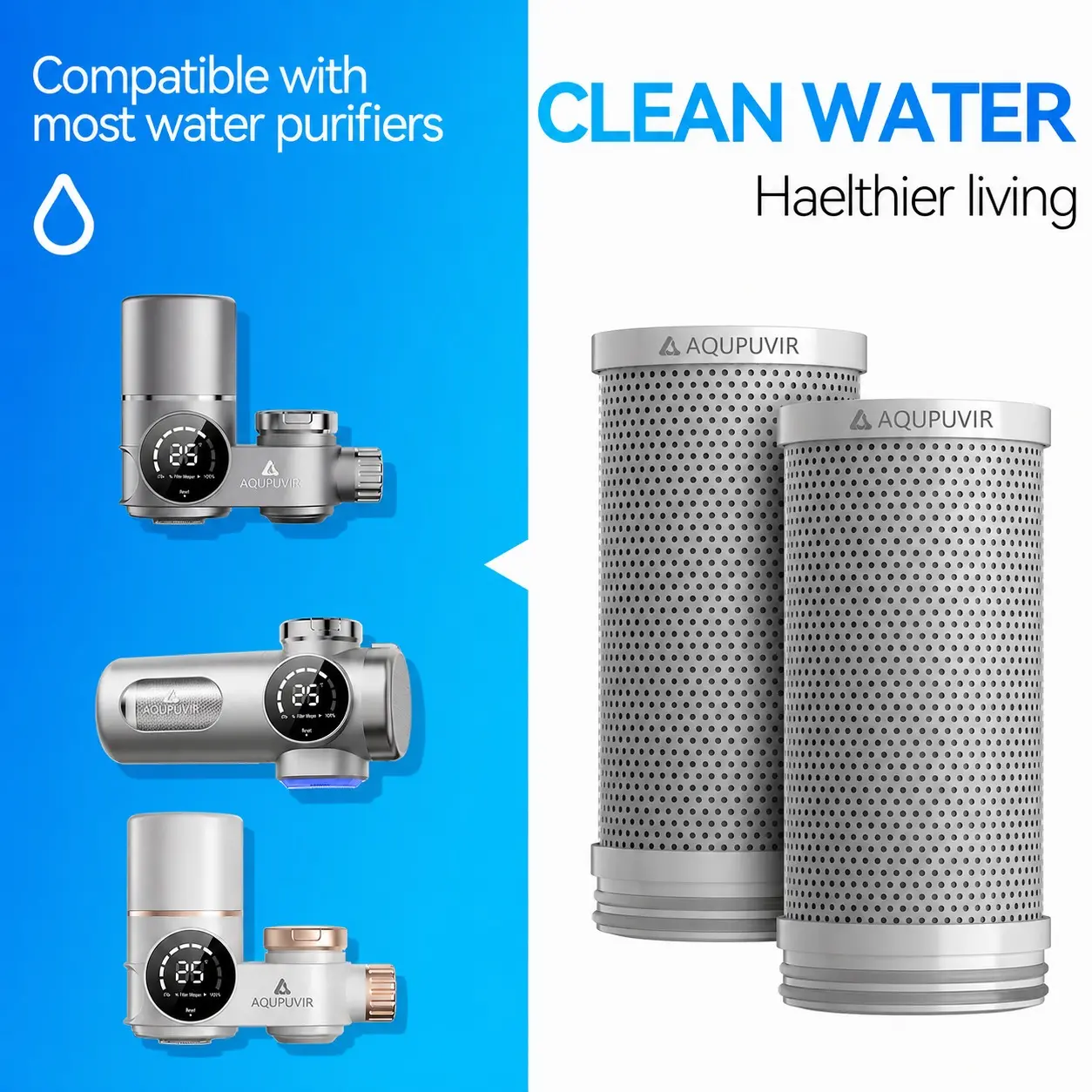 2-Pack Cylindrical Faucet Mount Replacement Water Filter Cartridges, Activated Carbon Refills for Kitchen Sink Faucets, Easy Twist-In Installation, 264-Gal Filter Life, Water Purification Function, Purifies Water