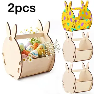2pcs Regenerated Wood Easter Bunny Rabbit Egg Basket - DIY Paintable Wooden Eggs & Basket Suitable for Easter Party Decorations, Handmade Craft for Spring, Birthday, Wedding, Cottagecore Table Centerpiece, Gift Baskets (Painting Not Included)