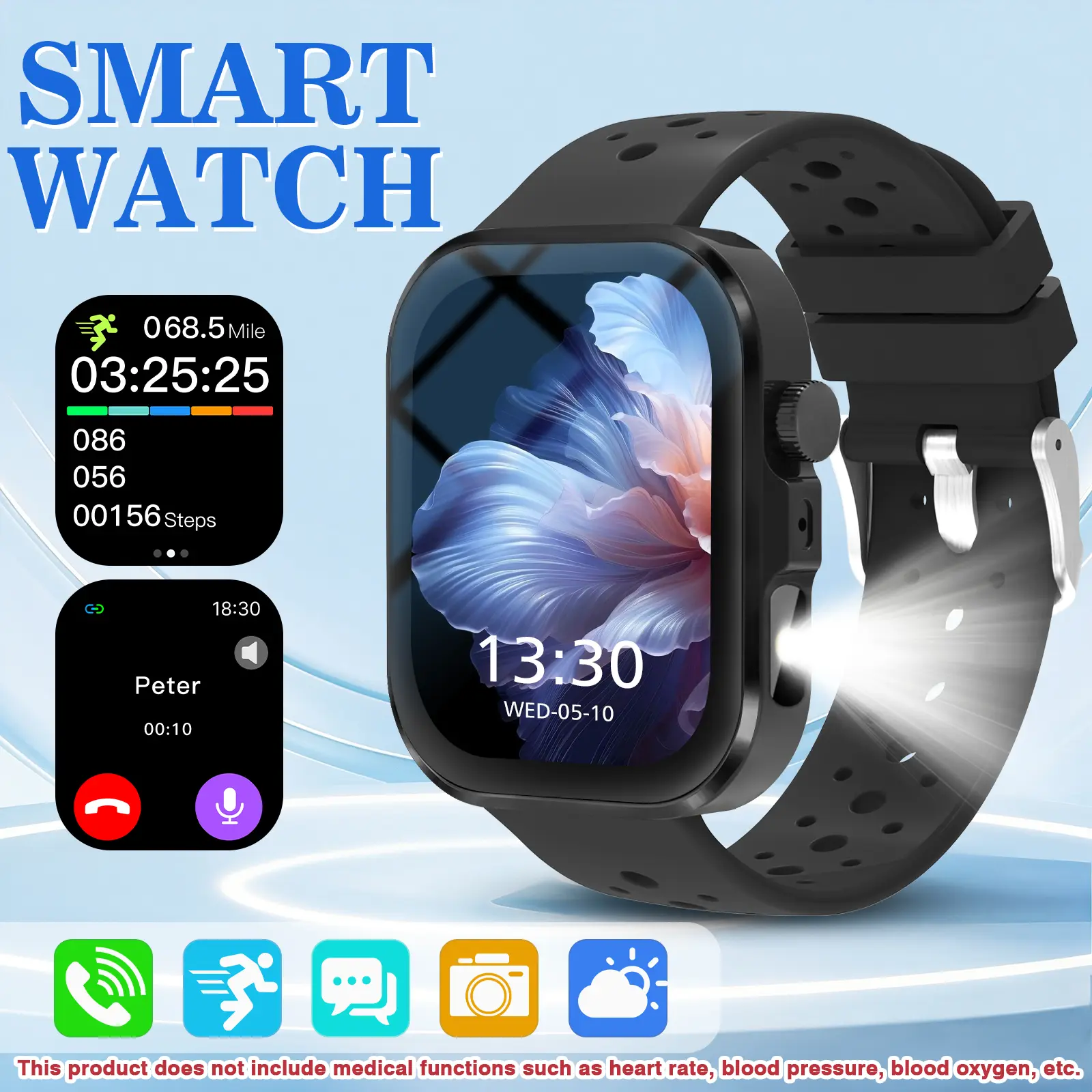 2026 New Smart Watch With Side Flashlight Bluetooth Call Fitness Tracker Step Count Remote Camera Music Control Weather Breathable Hole Silicone Strap Smartwatch For Android IOS Men Women