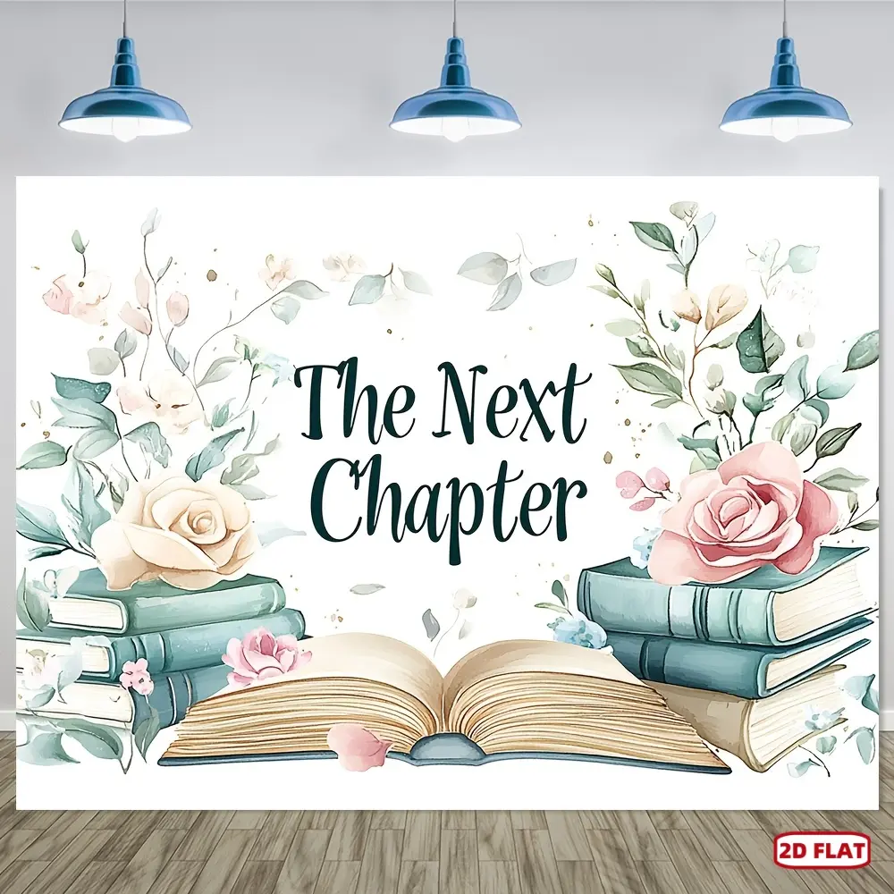 1pc Polyester 2D Flat Photography Backdrop - "The Next Chapter" Flower & Books Design, No Electricity Needed, Ideal for Weddings, Multiple Options Available, Wedding