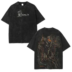 Sanlan valentine shirts Halo Unisex Fit Washed T-Shirt, Double Printed Unisex Acid Washed Lightweight Cotton T-Shirt, Gift For Game Fan, Streetwear men gifts graphic tees Casual streetwear  graphic  tee Hoodie Menswear Straight Tops Tshirt Shortsleeve