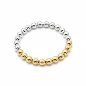 Two-Tone 6mm Gold Filled & Sterling Silver Beaded Bracelet – Waterproof Non-Tarnish Stretch Bracelet for Women, Mixed Metal Stackable Jewelry Gift