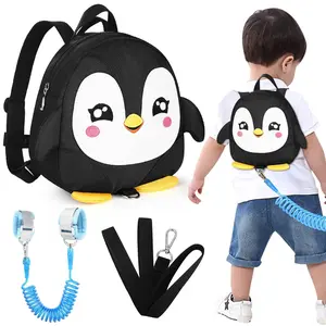 KF5-LWL17  Toddler Harness Backpack Leash, Cute Penguin Kid Backpacks with Anti Lost Wrist Link, Mini Child Backpack Harness Leashes Walking Wristband Rope Travel Bag Harness Rein for Baby Girls (Black)